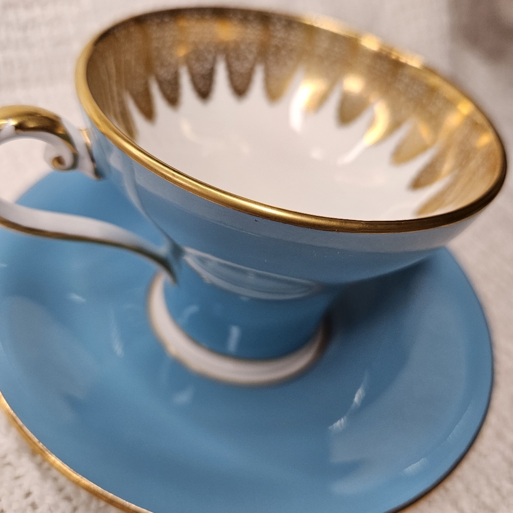 Aynsley England Turquoise Vintage Teacup Saucer Gold Filigree Corset Design RARE